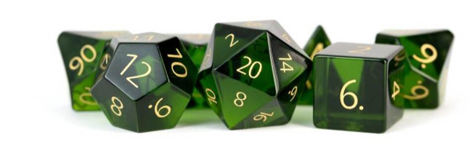 A set of emerald gemstone dice